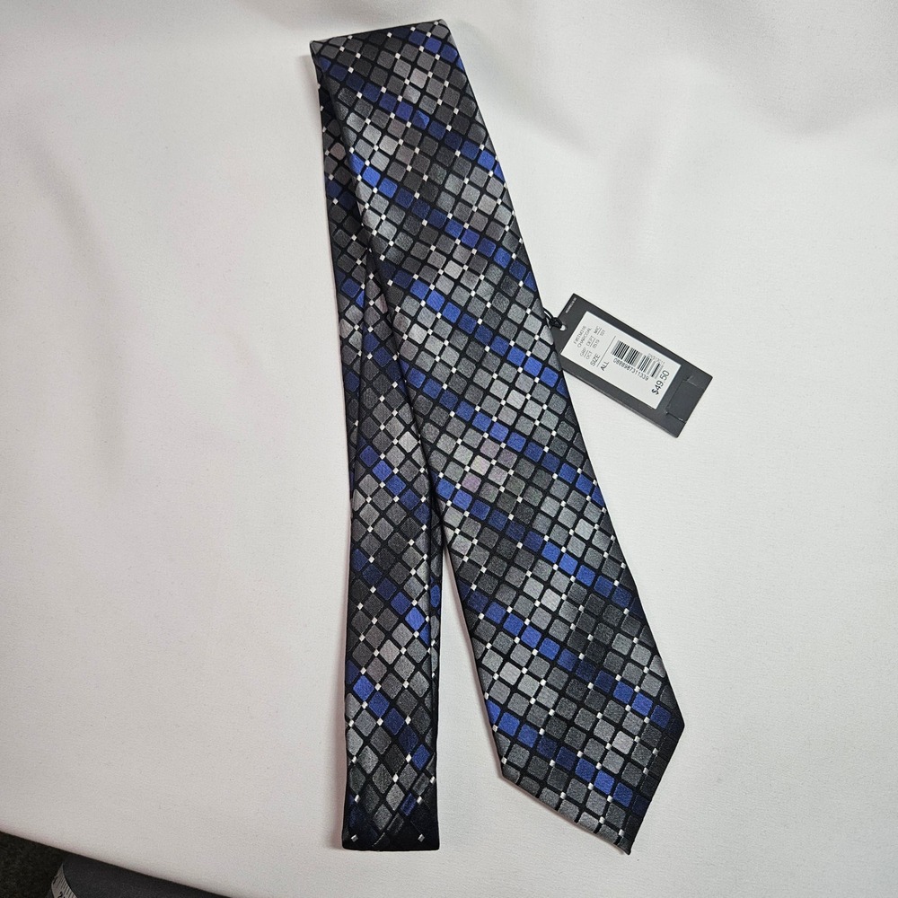 NEW Murano Mens Silk Tie Charcoal Grey Blue Geometric Grid Pattern 3"x59"